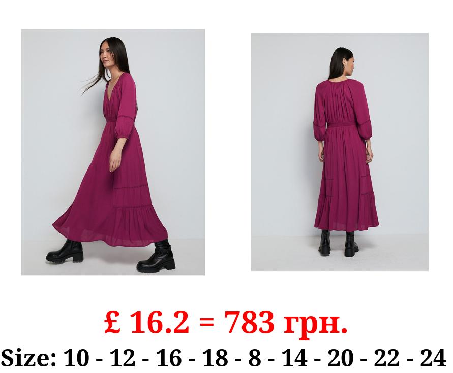 Dark Pink Crinkle Boho Midi Dress