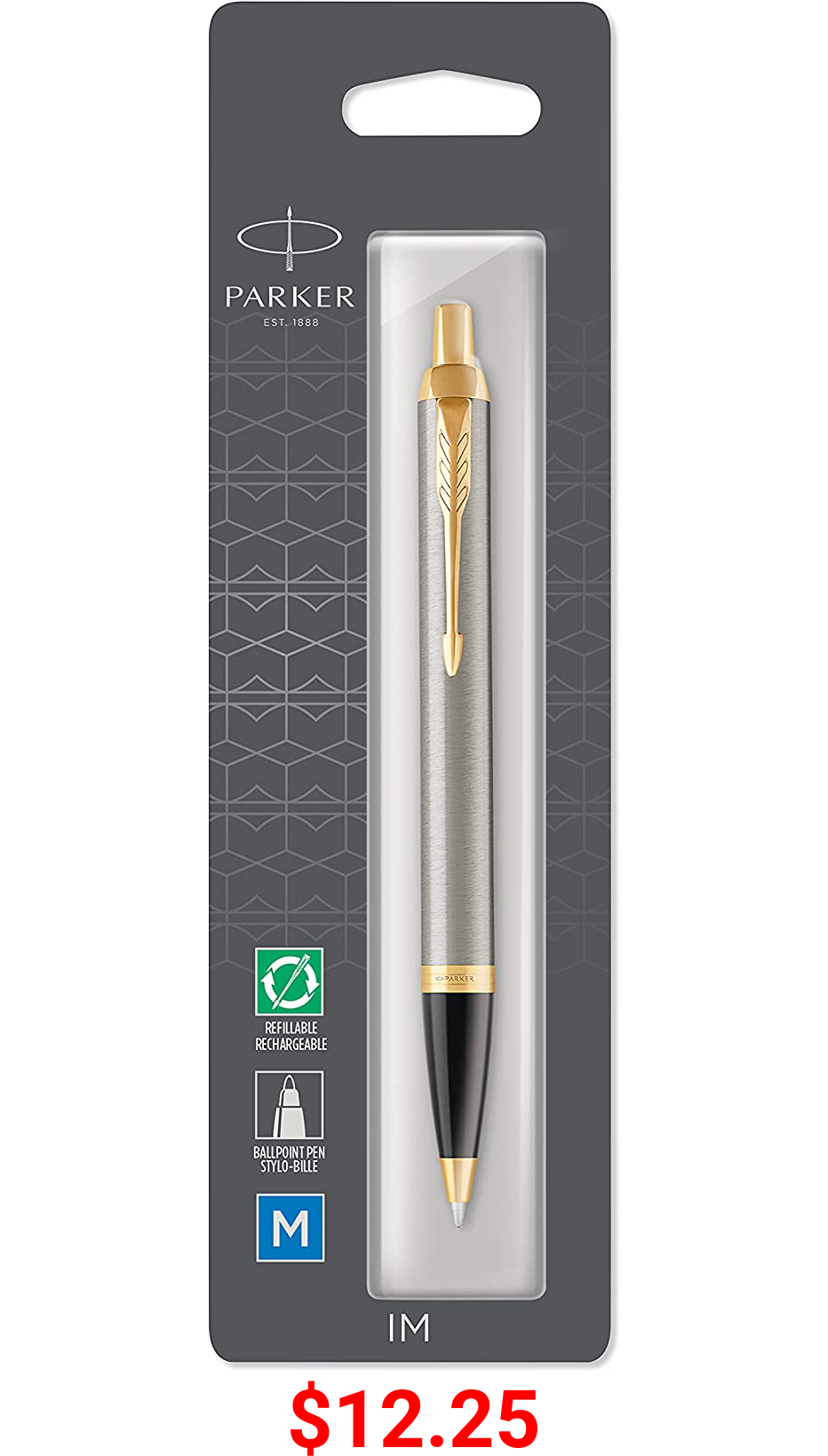 Parker IM Ballpoint Pen, Brushed Metal with Medium Point Black Ink Refill (1975559)