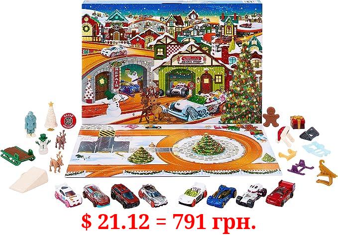 Hot Wheels Toy Car Set, 2023 Advent Calendar with 8 Cars in 1:64 Scale, 16 Accessories & Playmat, Gift for Kids