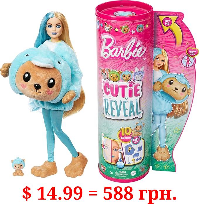 Barbie Cutie Reveal Doll & Accessories with Animal Plush Costume & 10 Surprises Including Color Change, Teddy Bear as Dolphin in Costume-Themed Series