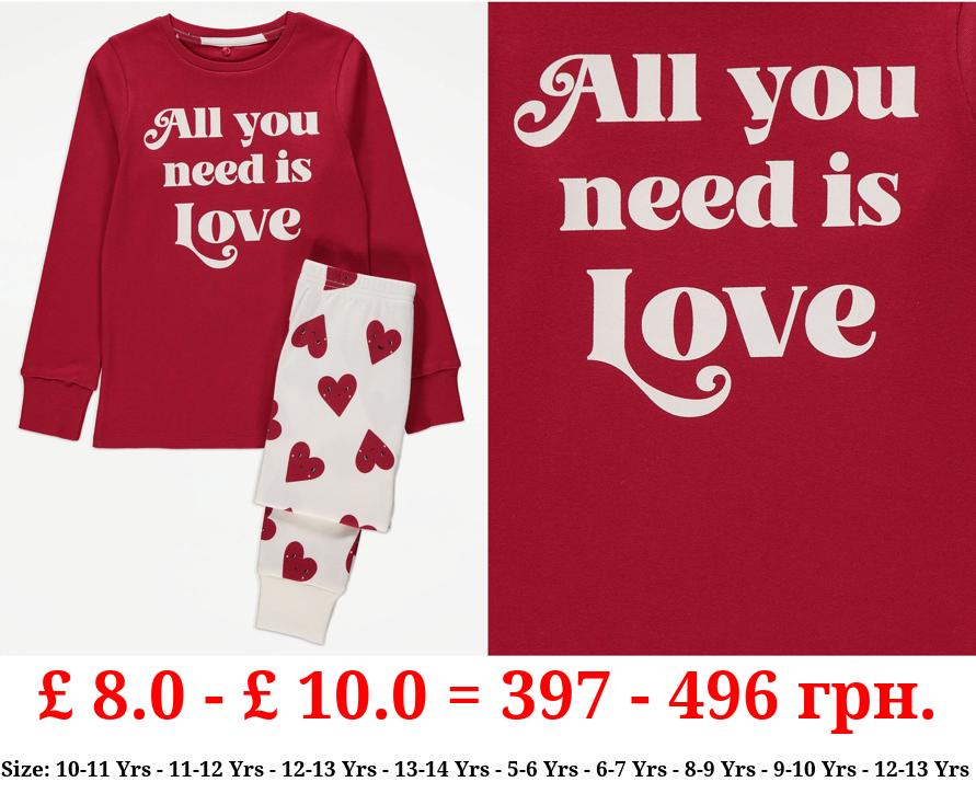 Red All You Need is Love Matching Kids Valentines Pyjamas