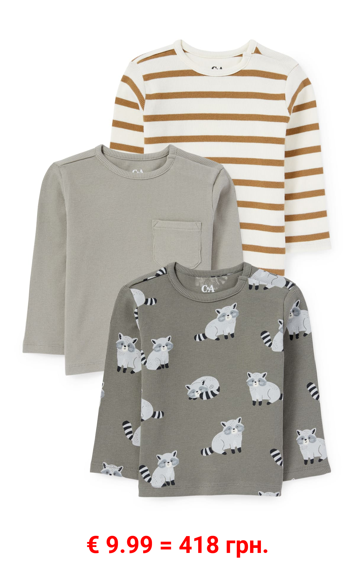 Multipack 3er - Waschbär - Baby-Langarmshirt