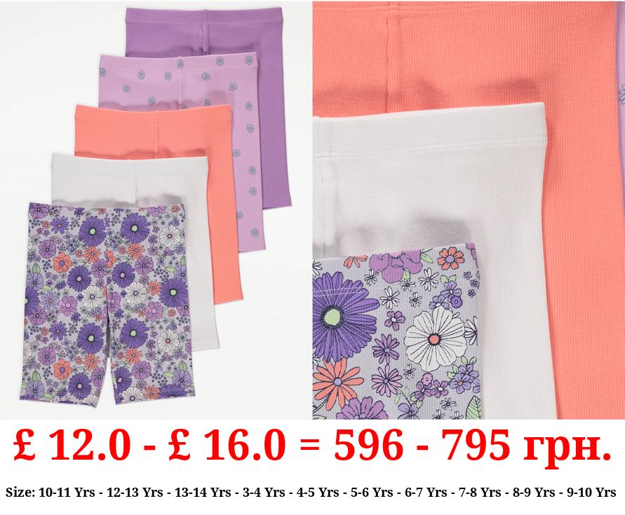 Purple Ditsy Floral Rib Cycling Shorts 5 Pack