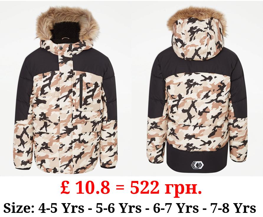 Neutral Camouflage Faux Fur Trim Padded Coat