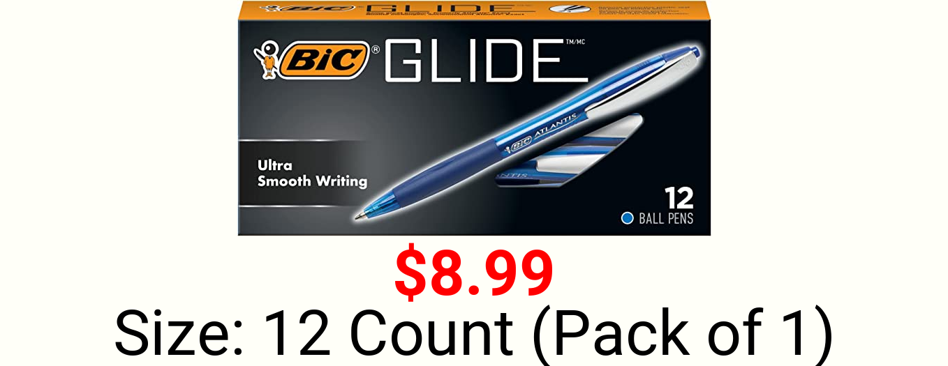 BIC Glide Retractable Ball Pen, Medium Point (1.0 mm), Blue, Comfortable Rubber Grip for Smooth Writing, 12-Count