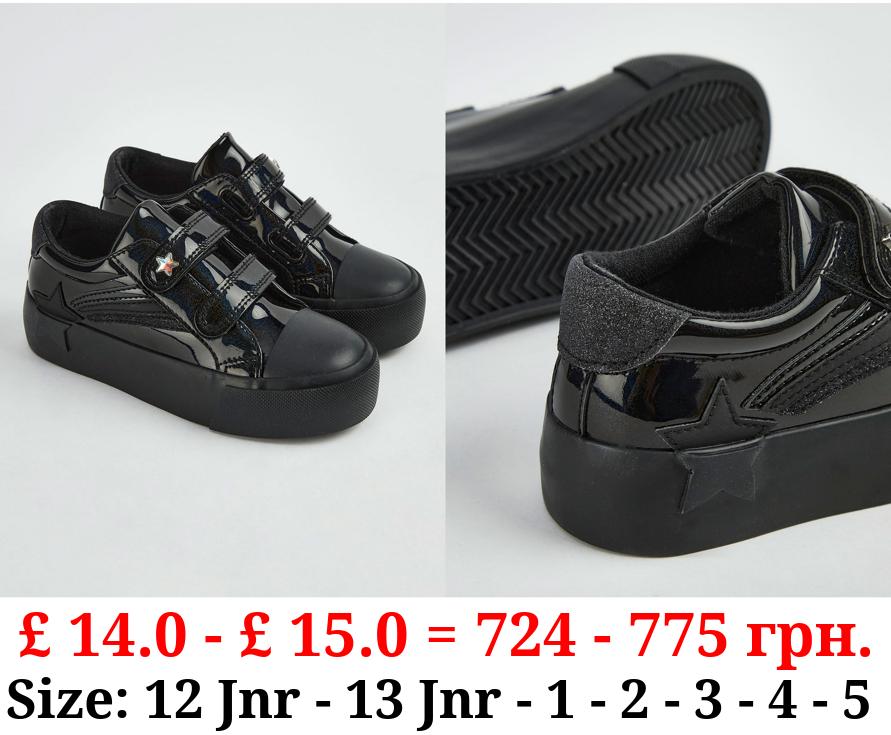 Black Double Strap Star Scuff Resistant School Shoes