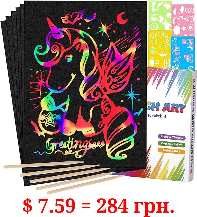 Mocoosy 60Pcs Scratch Paper Art Set for Kids, Rainbow Magic Scratch Off Paper Sheets Art Craft Kit Black Scratch Note Paper Drawing Pads with Stencils for Party Game Activities DIY Projects