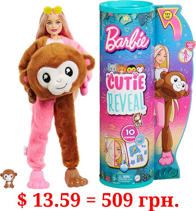 Barbie Cutie Reveal Fashion Doll, Jungle Series Monkey Plush Costume, 10 Surprises Including Mini Pet & Color Change