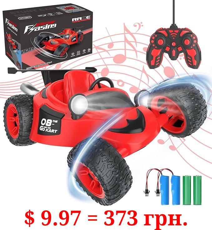 [Latest Model]Remote Control Car, RC Cars with Electromagnetic Light-up Tires, 360° Rotating and Tumbling RC Stunt Car with Music&Simulated Engine Sound,Toy Car for Boys 4-7,8-12,Xmas Gift (Red-9066)