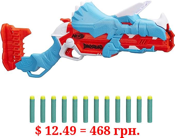 NERF DinoSquad Tricera-Blast Dart Blaster, Break-Open 3-Dart Loading, 12 Official Darts, Dart Storage, Triceratops Dinosaur Design