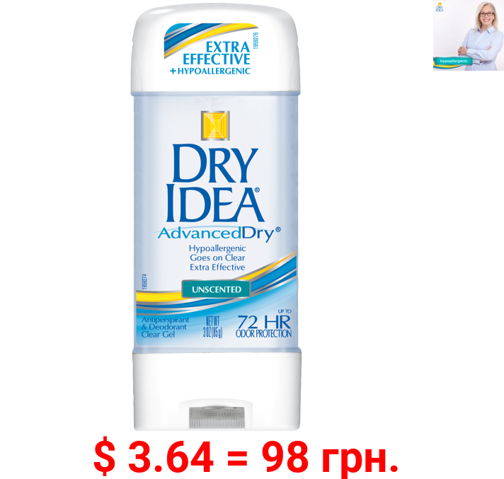 Dry Idea Antiperspirant Deodorant Gel, Unscented, 3 Ounce