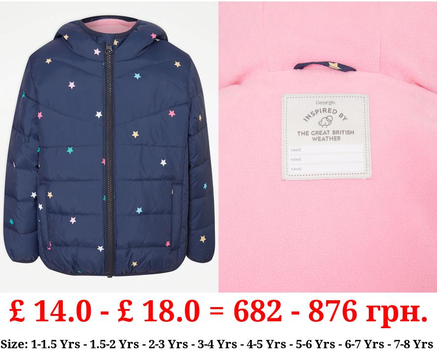 Navy Star Print Padded Coat