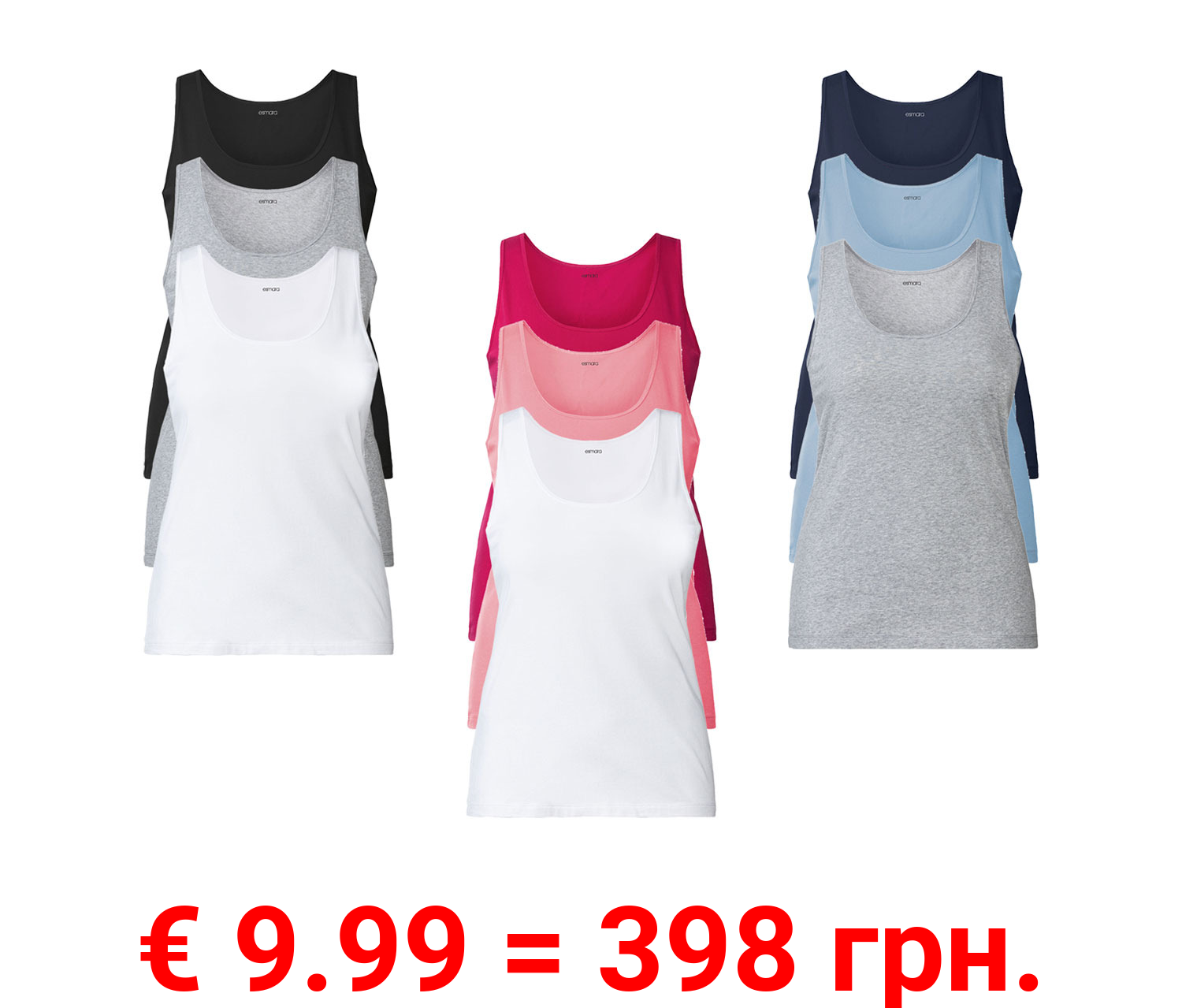 esmara® Damen Achselhemden, 3 Stück, mit hohem Baumwollanteil