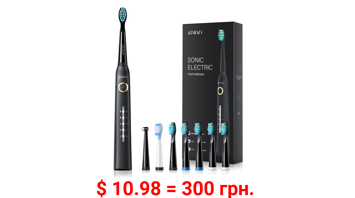 ATMOKO Electric Toothbrush with 8 Duponts Brush Heads, 5 Modes, 4 Hour Fast Charge for 30 Days Use, 40,000 VPM Motor, Power Whitening Rechargeble Sonic Toothbrushes for Adults Black