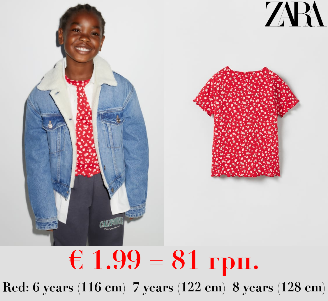 RIBBED AND SCALLOPED T-SHIRT WITH FLORAL PRINT