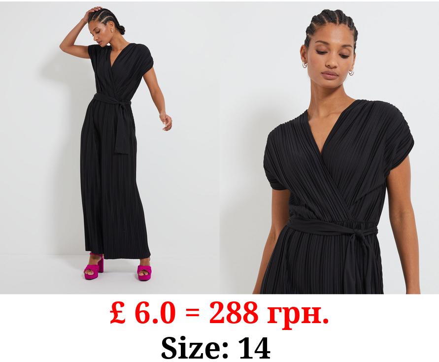 Black Plisse Belted Jumpsuit