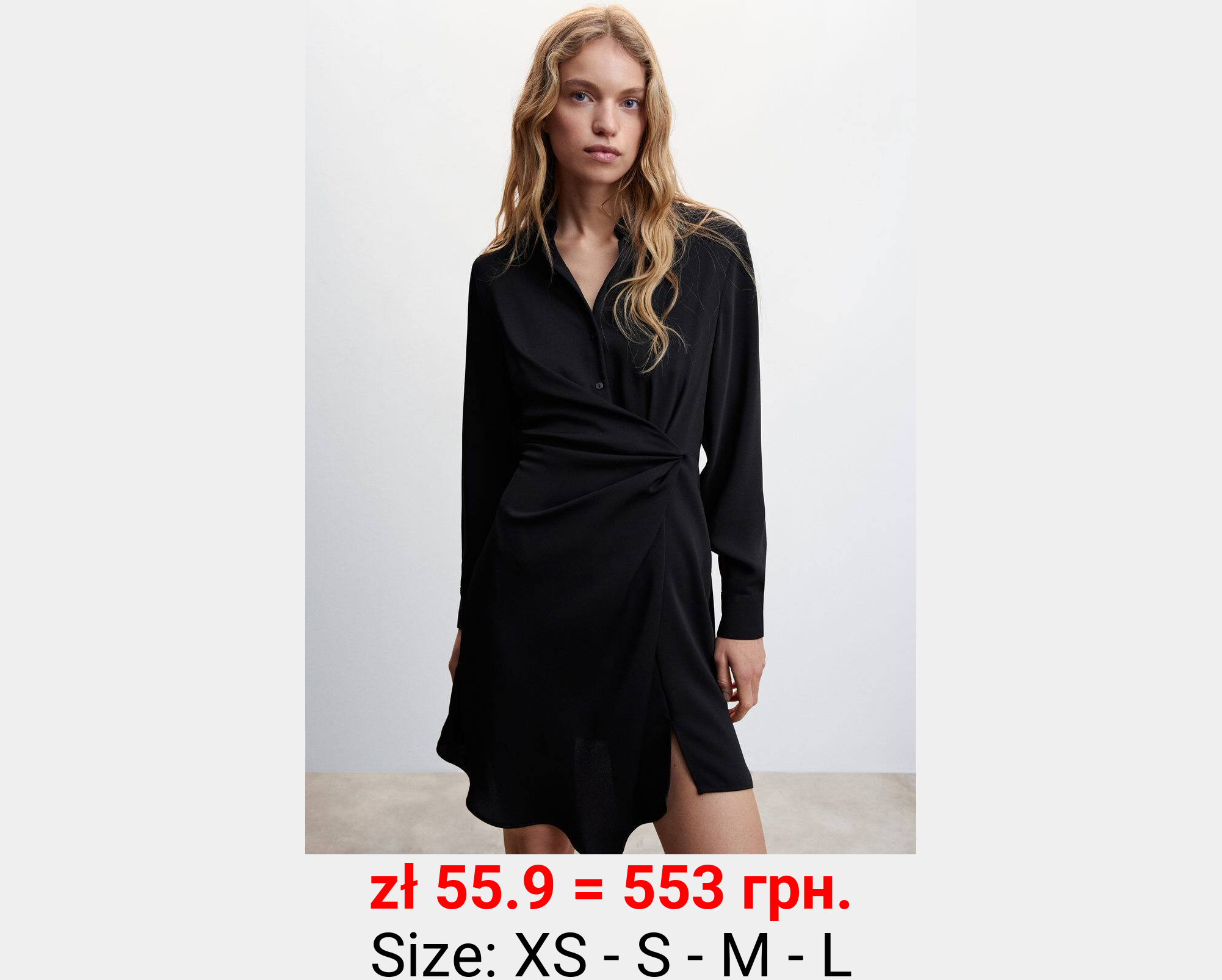 Vestido negro cuello camisero fruncido