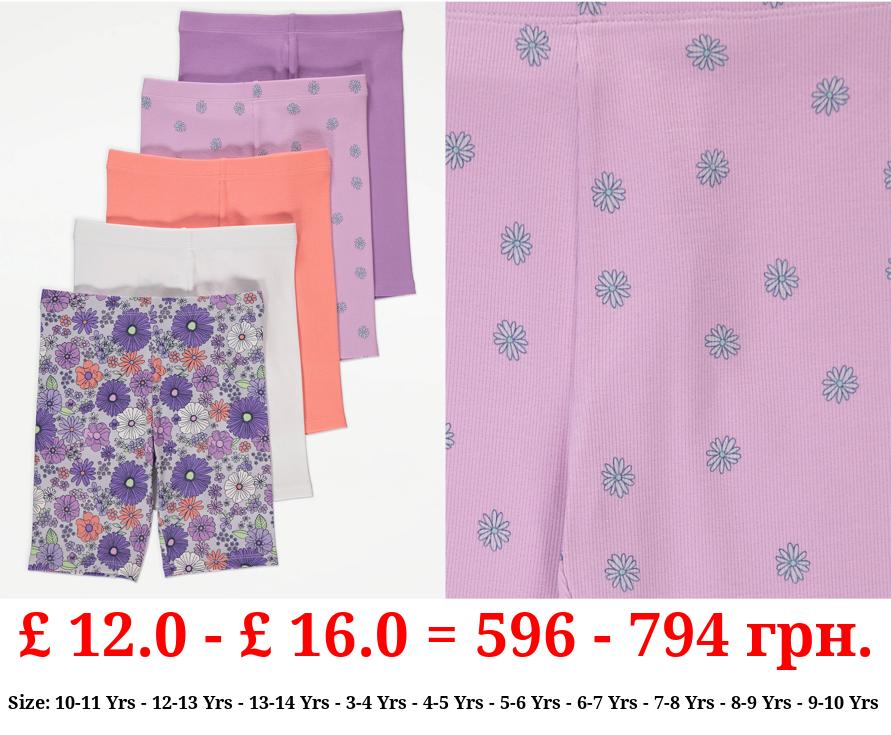 Purple Ditsy Floral Rib Cycling Shorts 5 Pack