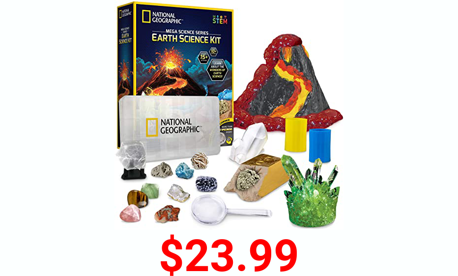 NATIONAL GEOGRAPHIC Earth Science Kit - Over 15 Science Experiments & STEM Activities for Kids, Crystal Growing, Erupting Volcanos, 2 Dig Kits & 10 Genuine Specimens, an AMAZON EXCLUSIVE Science Kit