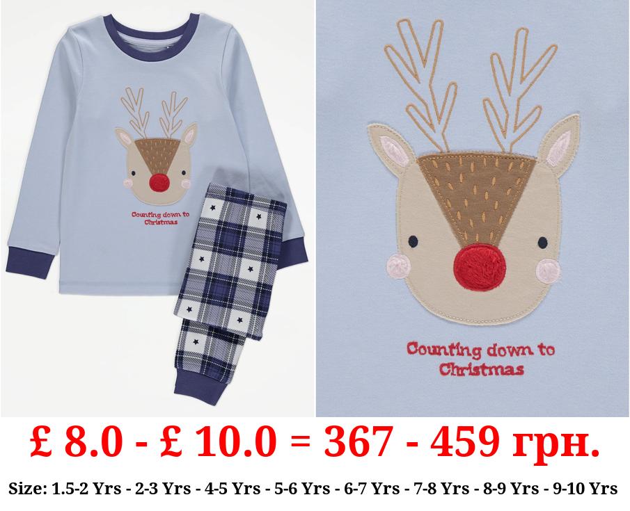 Blue Reindeer Checked Christmas Pyjamas