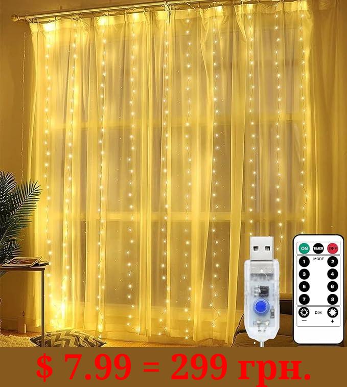 Curtain String Lights 8 Modes, 9.8 Ft × 9.8 Ft Waterproof USB Powered Fairy Lights Curtain with Remote for Christams, Windows, Party (Warm White 2)