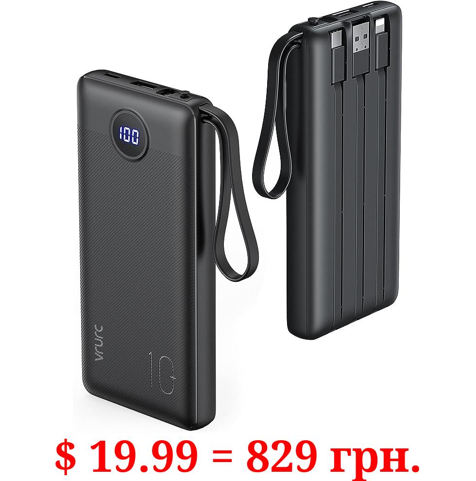 VRURC Portable Charger with Built in Cables, 10000mAh Slim USB C Power Bank,5 Output 2 Input LED Display External Battery Pack Phone Charger Compatible with iPhone,Samsung,Android-Black(1 Pack)