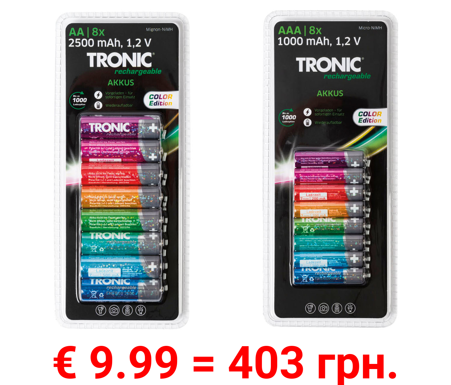TRONIC® NiMH-Akkus »Ready 2 Use Color«, 8 Stück