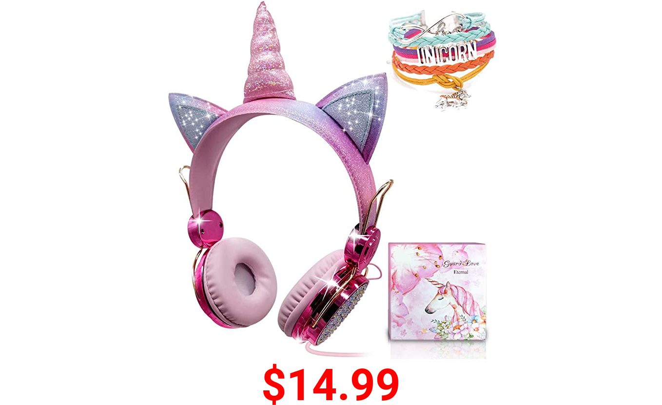 Unicorn Kids Headphones for Girls Children Teens, Wired Headphones w/Microphone 3.5mm Jack, Over On Ear Headset for School Birthday Xmas Unicorn Gift (Princess Pink)