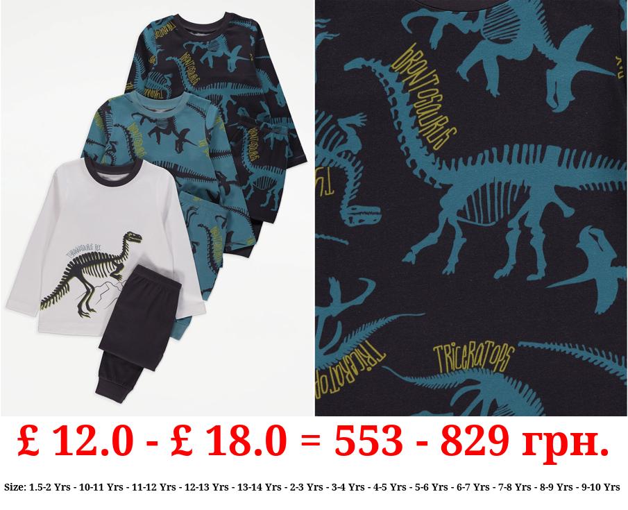 Skeleton Dinosaur Long Sleeve Pyjamas 3 Pack