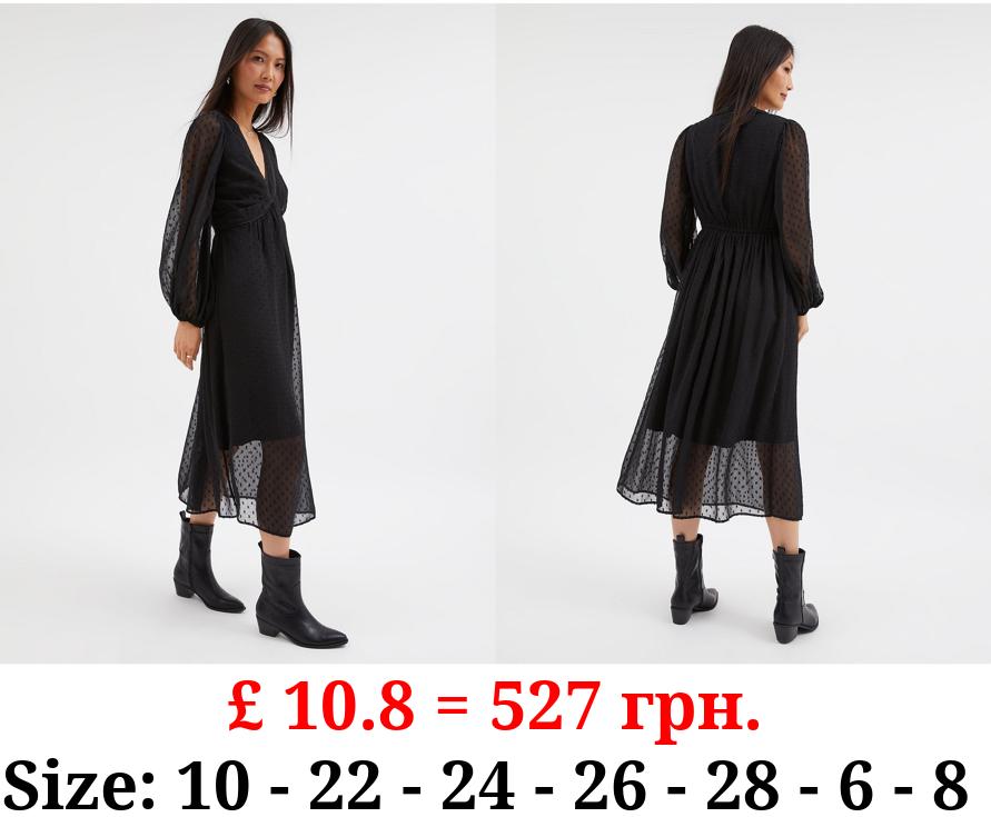 Black Textured Long Sleeve Midi Dress