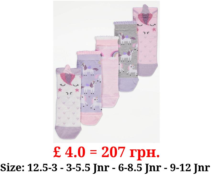 Pink Unicorn Glitter Cotton Rich Ankle Socks 5 Pack