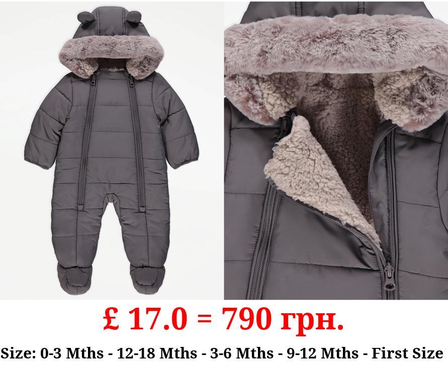 Grey Padded Faux Fur Trim Snowsuit