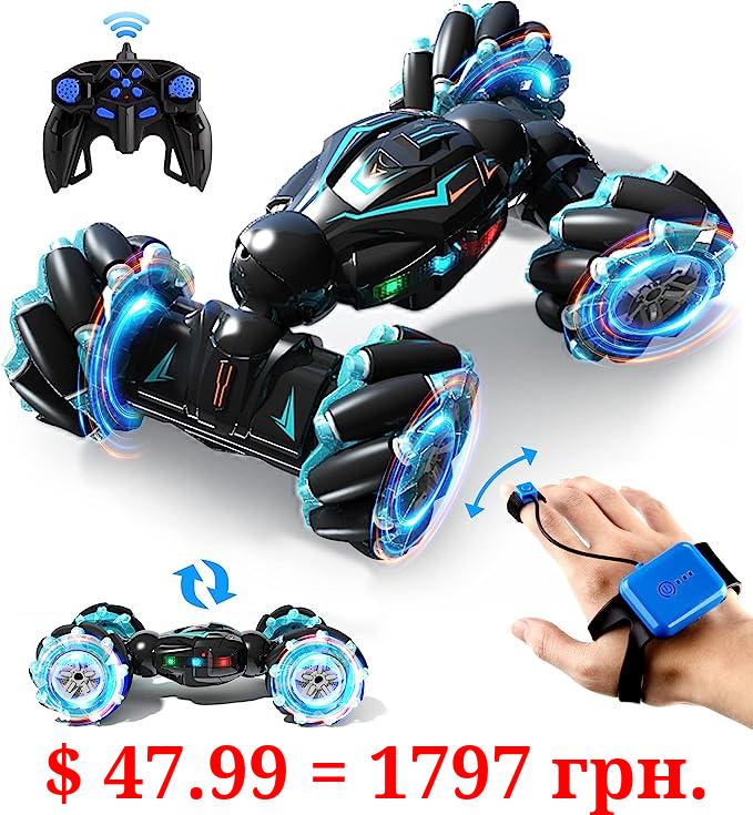 Deejoy RC Stunt Car, 2.4GHz 4WD Remote Control Gesture Sensor Toy Cars, Double Sided Rotating Off Road Vehicle 360° Flips with Lights Music, for Boys & Girls Birthday
