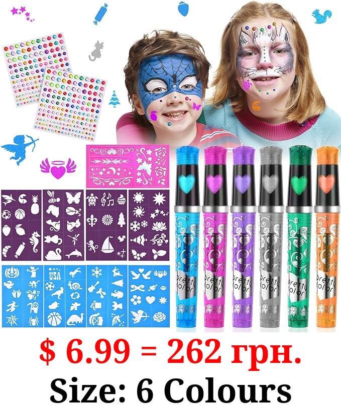 AOMIG Temporary Tattoo Pen, 6 Glitter Tattoo Pen Kit with 9 Stencils and 2 Rhinestone Stickers, Shimmery Body Tattoo Markers for Kids Party Dress Up
