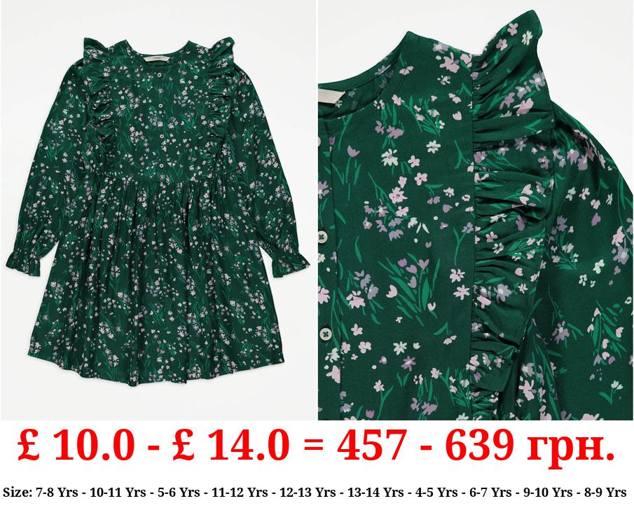 Green Spring Floral Ruffle Dress