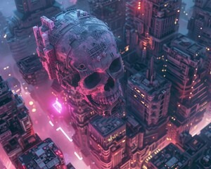 Imagine artistică: craniu peste oraș
