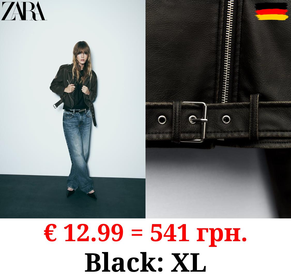 WORN EFFECT CROPPED LEATHER EFFECT BIKER JACKET