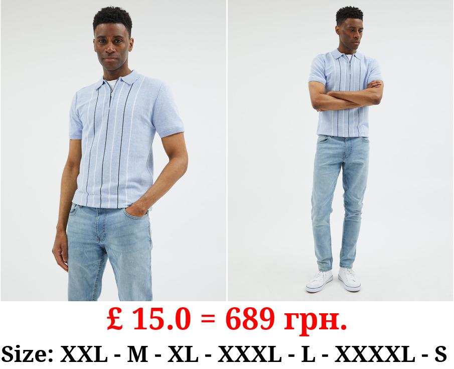 Light Blue Striped Short Sleeve Knitted Polo Top
