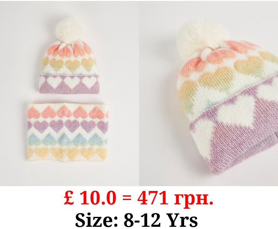 Rainbow Heart Bobble Hat and Snood 2 Piece Set