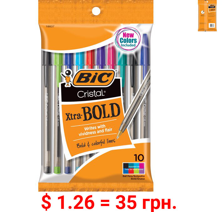 BIC Cristal Ballpoint Stick Pens, Bold Point, Assorted Ink, 10 Pack