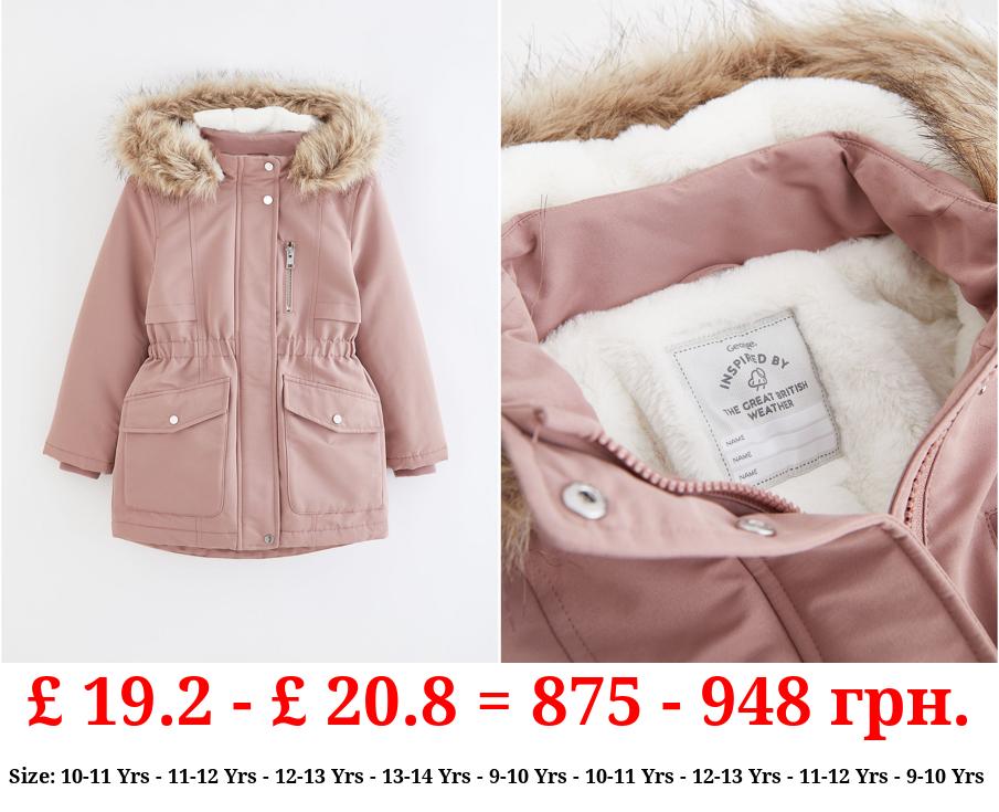 Pink Faux Fur Trim Parka Coat