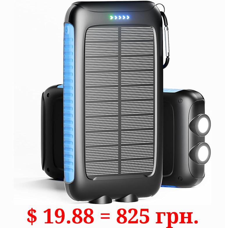 Luvknit Power-Bank-Solar-Charger - 20000mAh Power Bank, Portable Charger, External Battery Pack 5V/3A Type C Input Output Dual Built-in Super Bright Flashlight, Carabiner, Solar Panel Charging