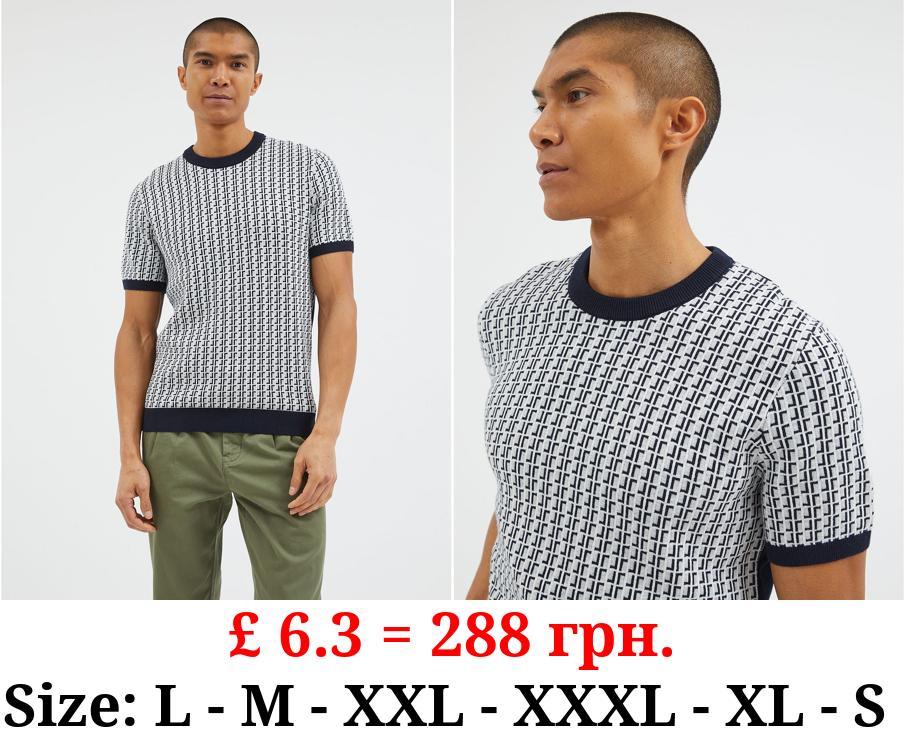 Navy Geometric Short Sleeve Knitted T-Shirt