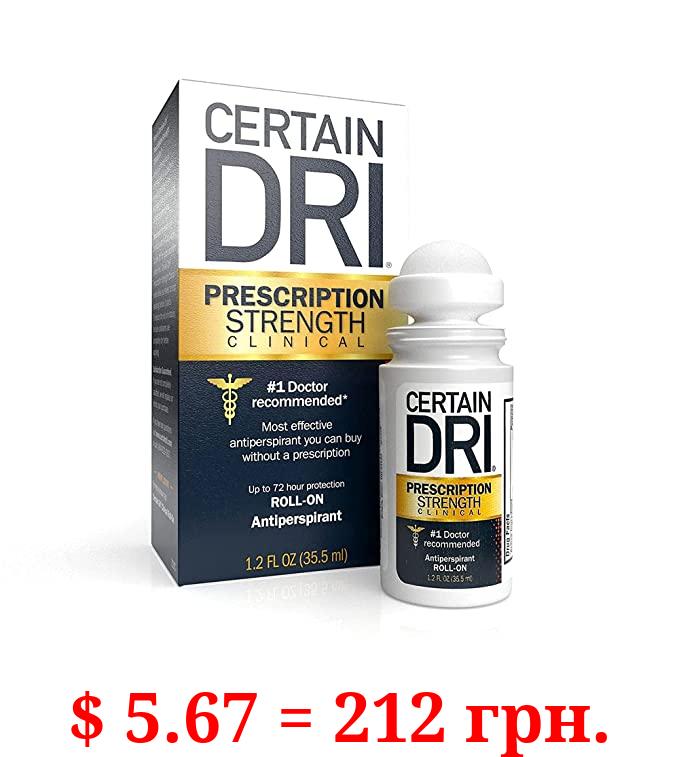 Certain Dri Prescription Strength Clinical Antiperspirant Roll-On Deodorant, Hyperhidrosis Treatment for Men & Women, Unscented, 1.2 Fl oz, 1 Pack