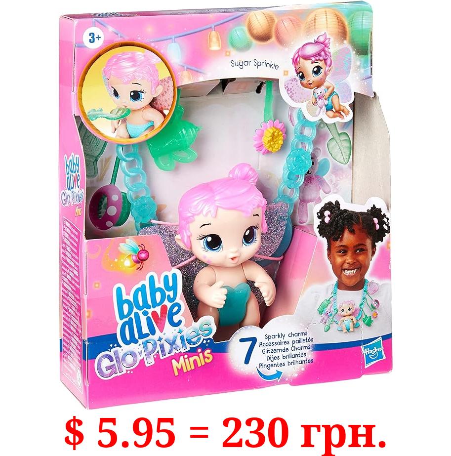 Baby Alive Glo Pixies Minis Carry ‘n Care Necklace, Sugar Sprinkle, 3.75-Inch Pixie Doll Toy with Doll Carrier and Nurturing Charm Necklace