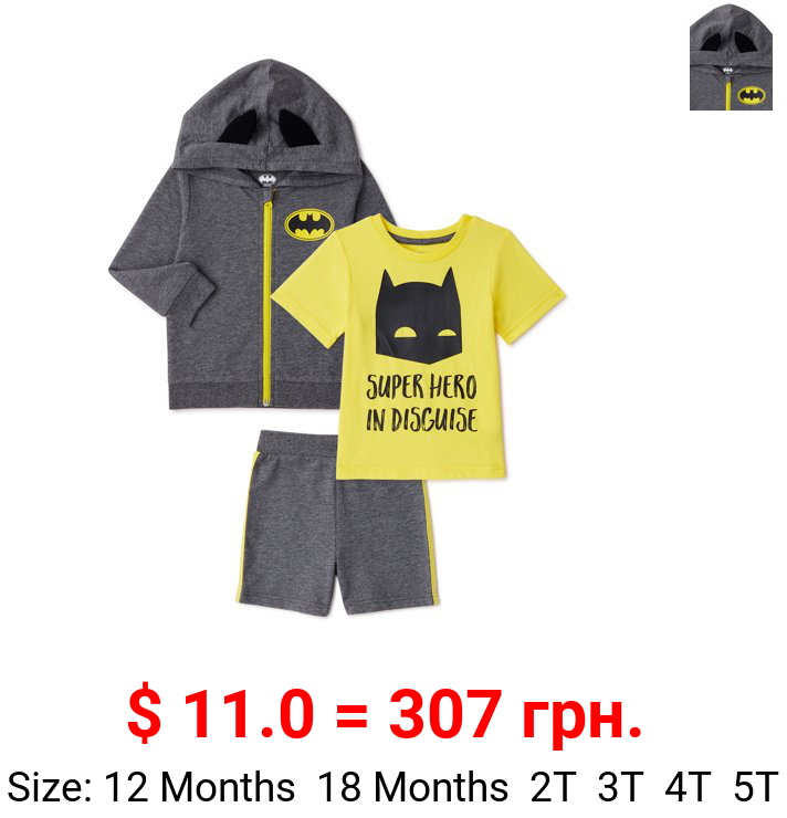 Batman Baby Boy Toddler Boy Hoodie Sweatshirt, T-Shirt & Shorts Outfit Set, 3-Piece (12M-5T)