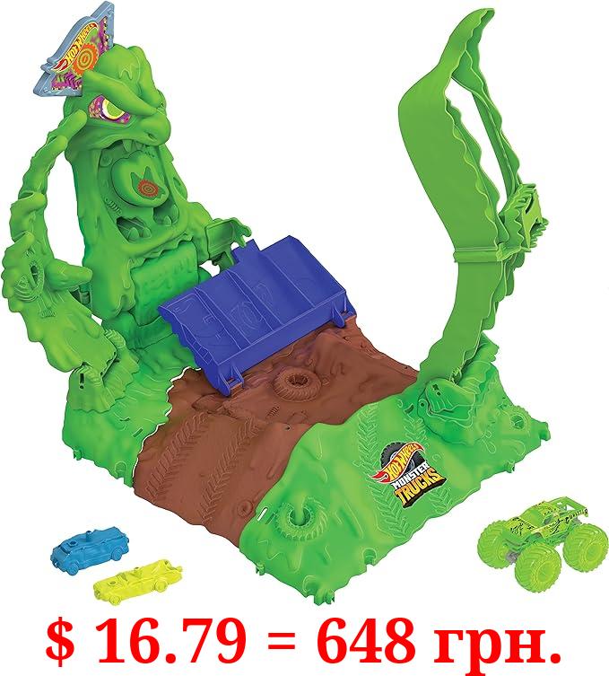 Hot Wheels Monster Trucks Arena Smashers Glow-in-The-Dark Gunkster Playset with 1 Glow-in-The-Dark 1:64 Scale Gunkster Toy Truck & 2 Crushable Cars