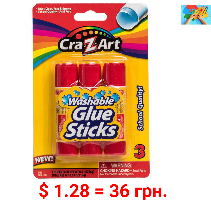 Cra-Z-Art Washable Glue Sticks, School Quality, 3 Count