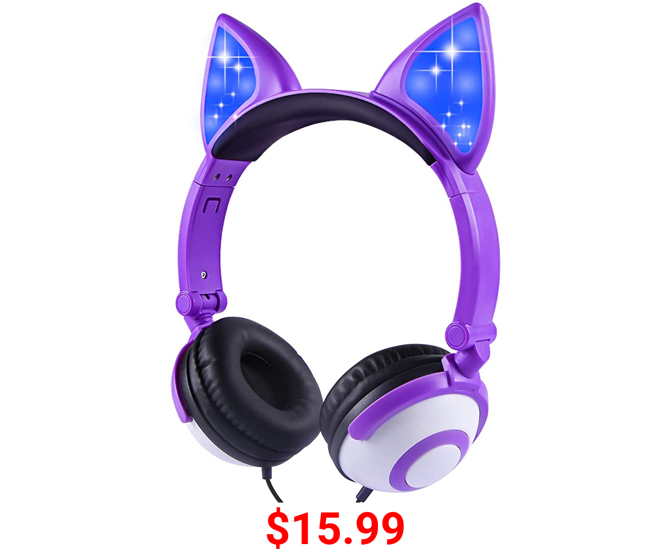 Kids Headphones Foldable with LED Glowing Cat Ear, On-Ear Headset Safe Wired Kids Headsets 85dB Volume Limited, Food Grade Silicone, 3.5mm Aux Jack, Fox Ear -Inspired Purple Headphones for Children
