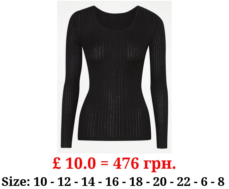 Black Soft Thermal Pointelle Long Sleeve Top